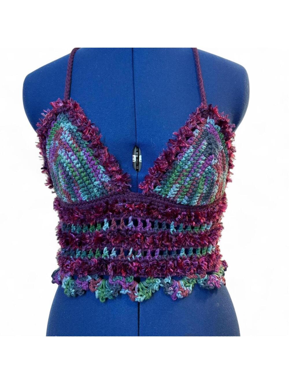 Purple, Blue and Green hand crocheted crop top with adjustable lace up back.